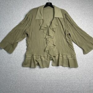 Soft Surroundings Top Blouse Womens Medium Green Lace Ruffle Sheer Button Down